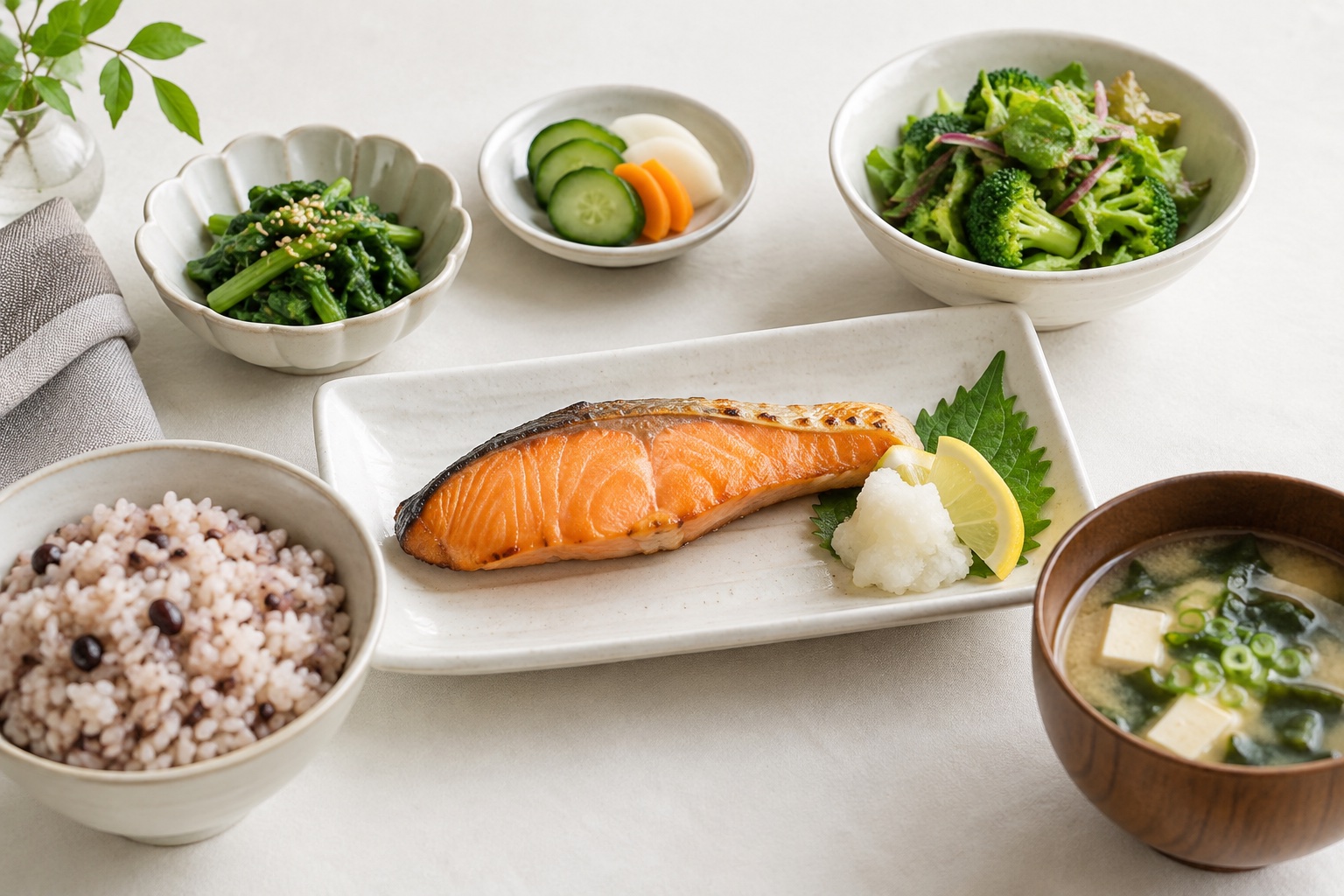 鮭、雑穀ご飯、野菜を白い器に盛り付けた食事のイメージ