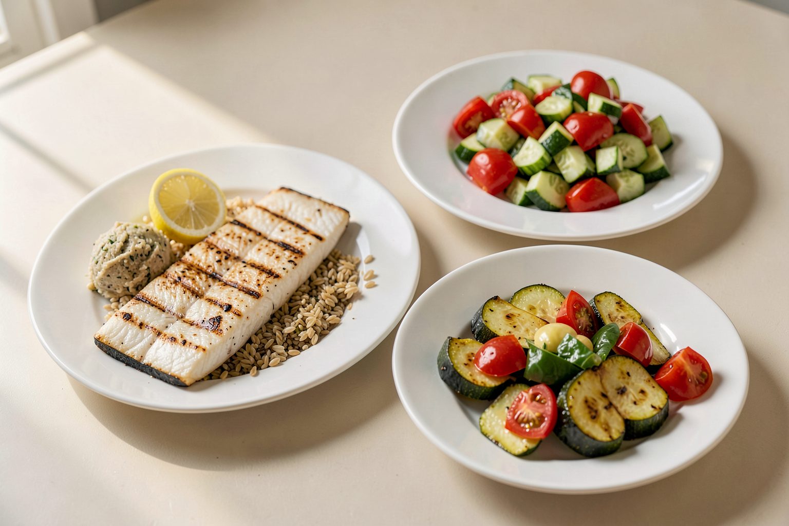 An illustrative meal of grilled fish, whole grains and a tomato salad