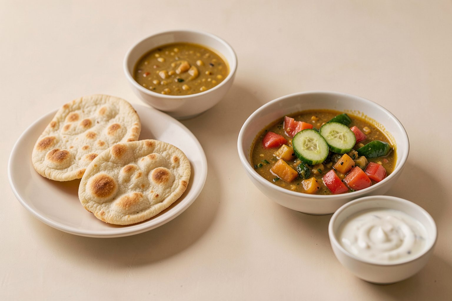 سفید پیالوں میں دال، روٹی، سبزی کی سالن اور کھیرے کا سلاد رکھی ایک تصویری غذا